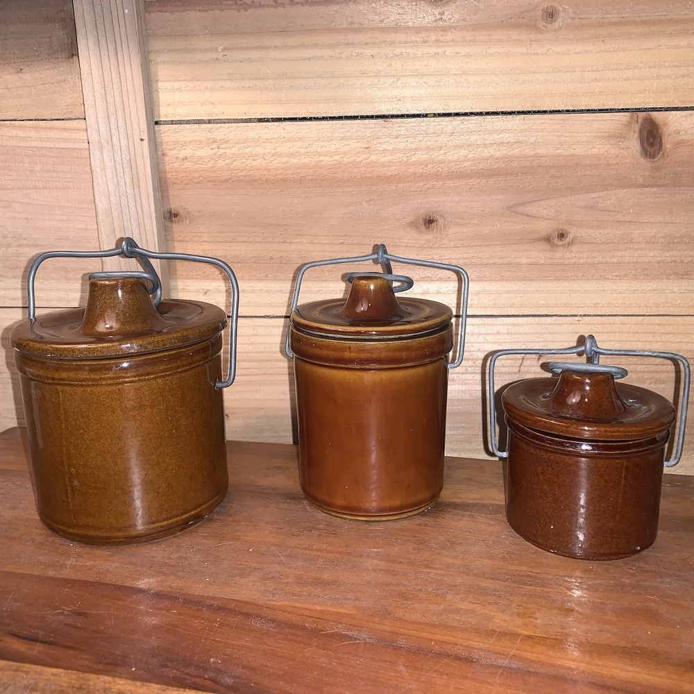 Vintage Brown Glazed Stoneware Set Of 3 Cheese Crock Wire Bail Locking Lid Farm
